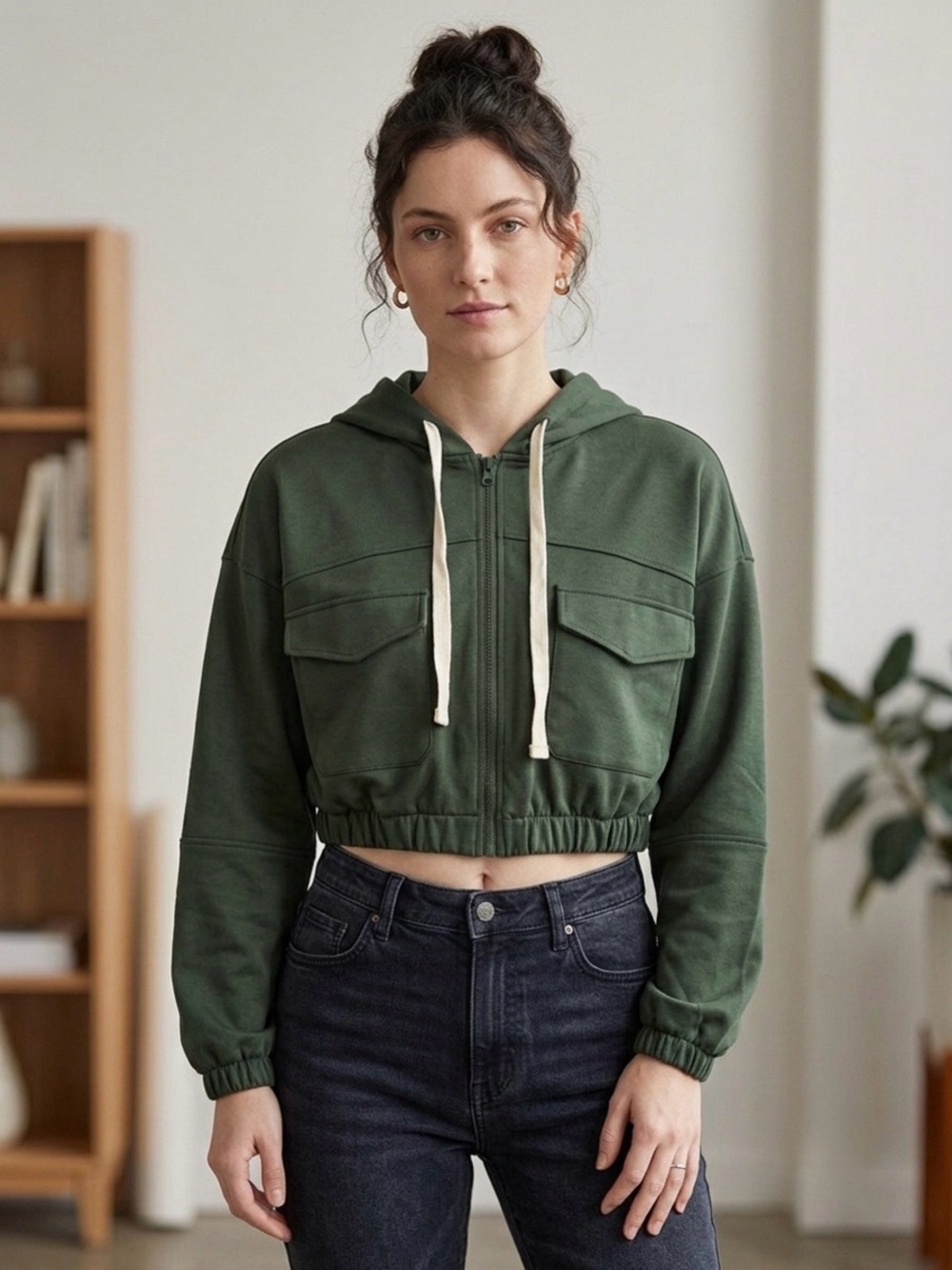 BDG Urban Outfitters Forest Green Cropped Utility Hoodie Jacket XS